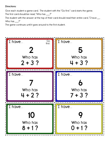 I have... Who has? Addition: First number 0 to 9.  Second number +1 +2 or +3. [Fewer Cards] worksheet
