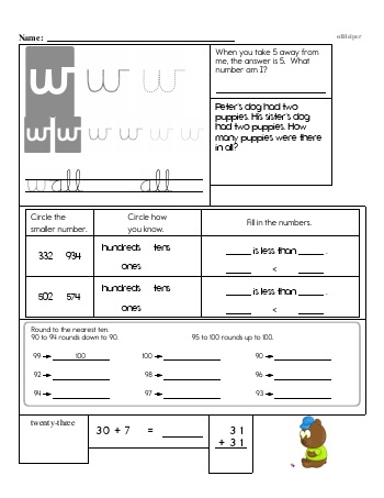 Writing cursive W with second grade mixed work worksheet