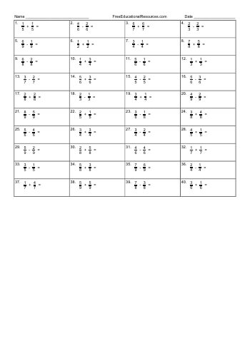 teach Adding and subtracting fractions with like denominators - Worksheet #1