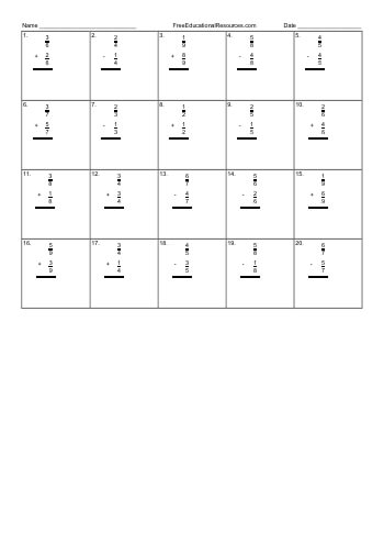 teach Adding and subtracting fractions with like denominators - Worksheet #2