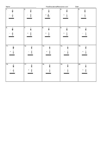Adding and subtracting fractions - Worksheet #2 worksheet