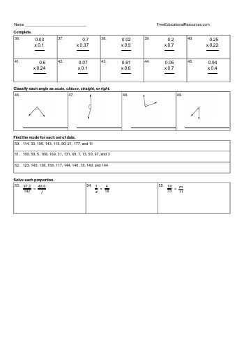 Sixth Grade Math Review - Mixed Work worksheet