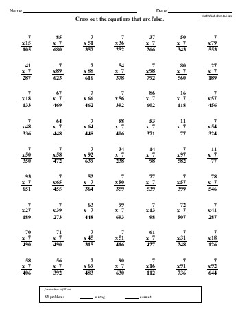 Multiplication Minute: Multiplying 7s (by 2 TWO-DIGIT number) worksheet