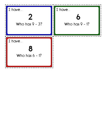 I have... Who has? Subtraction: First number 0 to 9.  Second number -1 -2 or -3. [Fewer Cards] worksheet