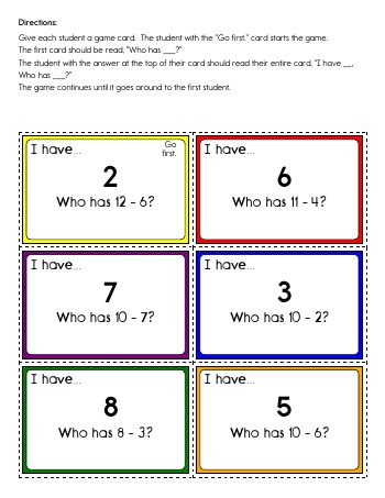teach I have... Who has? Subtraction: First number 2 to 10.  Second number 1 to 9.