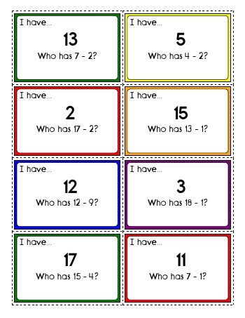 teach I have... Who has? Subtraction: First number 1 to 18.  Second number 1 to 9.