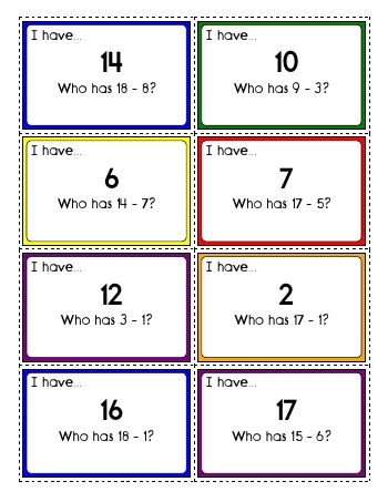 teach I have... Who has? Subtraction: First number 1 to 18.  Second number 1 to 17.